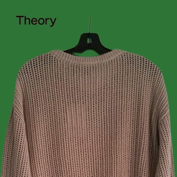 THEORY NEW Scandinavian OATMEAL MELANGE Allover Mesh Rib Trim Knit Sweater L - Picture 9 of 11